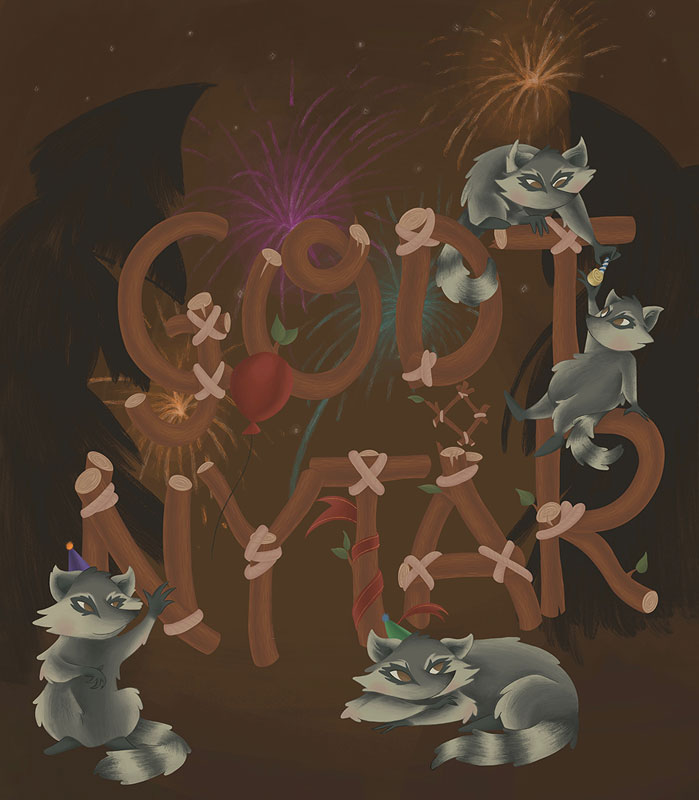 Original raccoon design wishing Happy New Year (in Danish)